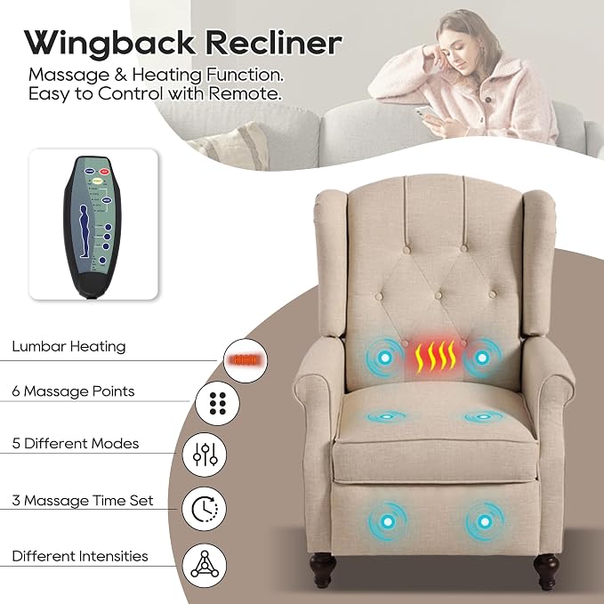 Wingback Chair with Massage and Heat, Tufted Fabric Pushback Recliner Chair - Image 3