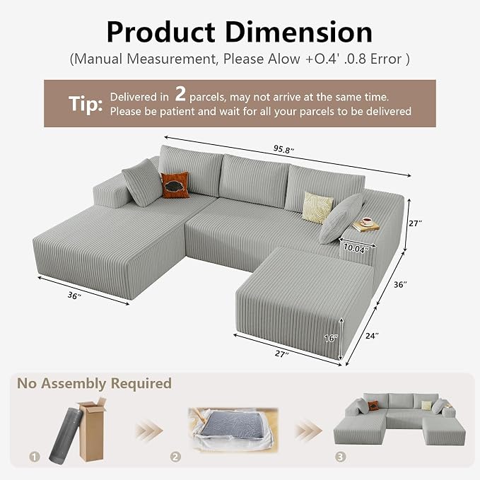 95" Cloud Sectional Couch U-Shaped Chaise - Image 2
