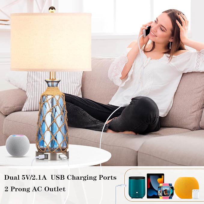 Ruzectt 25.5" Coastal Glass Table Lamps Set of 2, 3-Way Dimmable Touch Control - Image 3