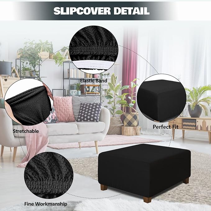 NeColorLife Square Ottoman Cover Jacquard Fabric Slipcover Thick Stretchable - Image 2