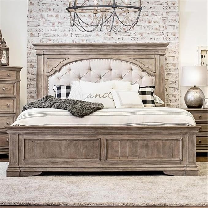 Pemberly Row King Panel Bed, Driftwood Gray Wood Frame, Upholstered Button - Image 7