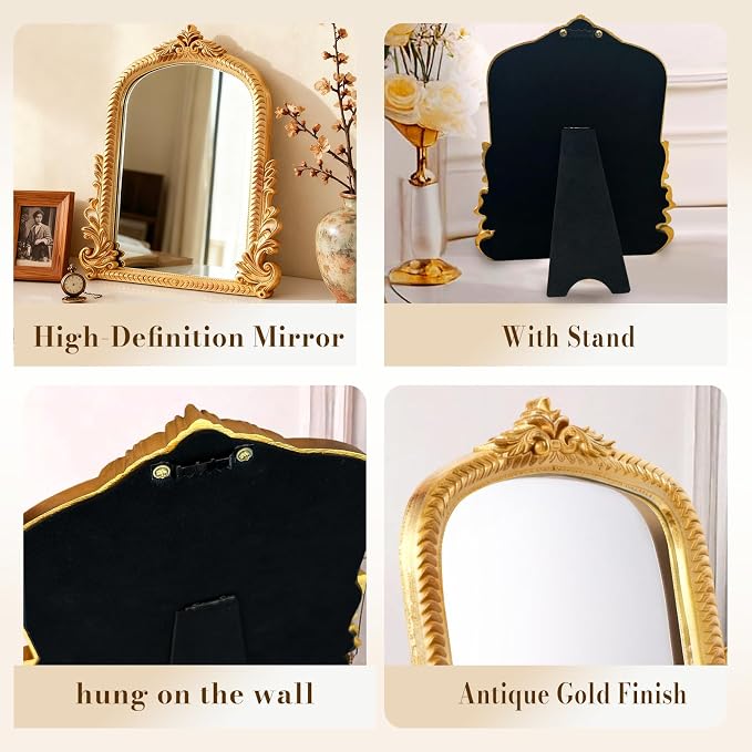 YUSONG Vintage Desk Mirror – 12" Gold Antique Tabletop Mirror - Image 3