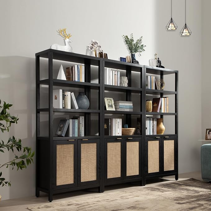 SICOTAS Bookshelf 5 Tier Book Shelf Rattan Boho 71" Tall Bookcase - Image 8