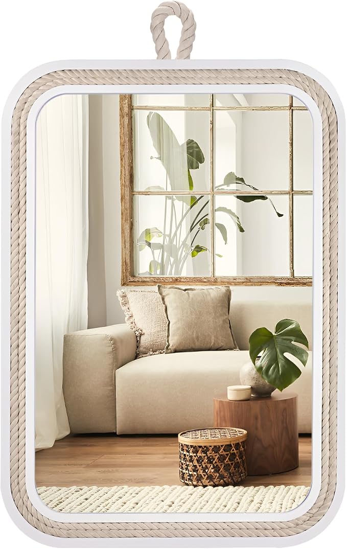 Nautical Rope Mirror Rectangle Wooden 22''Lx16''W White Decorative Mirror by Decor+Trends