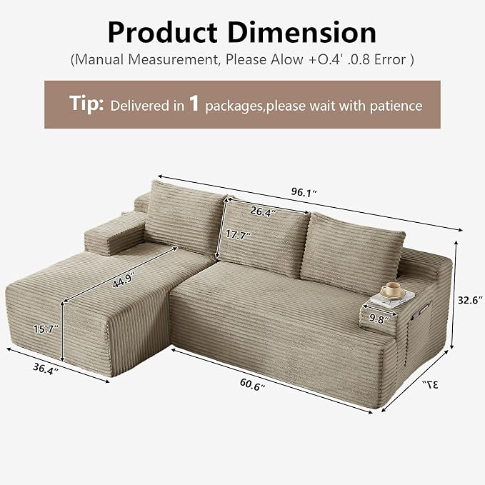 96" Cloud Sectional Couch with L-Shape Chaise, Modular Comfy Sofa Chaise Longue - Image 2