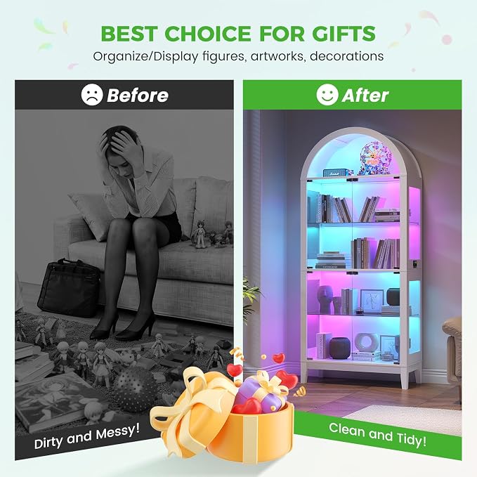HNEBC Arched Display Case with RGB Lights, LED Curio Cabinet with Shelf - Image 8