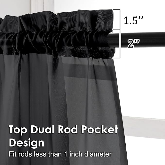 Black Sheer Curtains 84 Inches Long 2 Panel Sets, Solid Color Lightweight Voile - Image 3