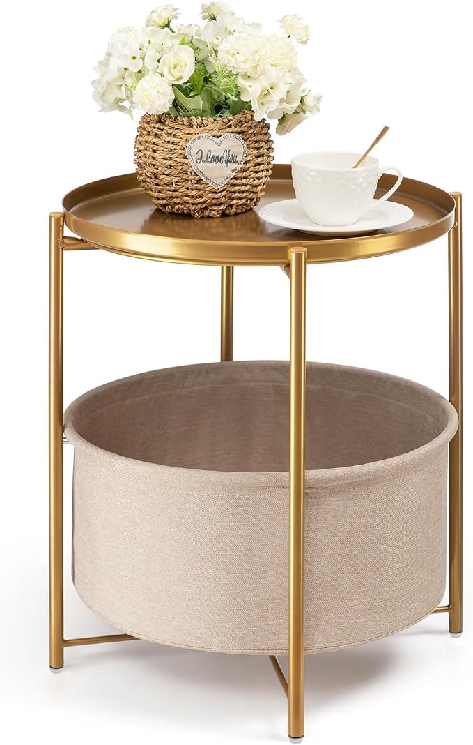danpinera Gold Side Table with Fabric Storage Basket, Metal Round Side Small by danpinera