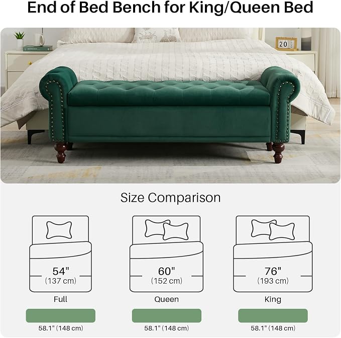 SOFTHION 58.1" Storage Bench Upholstered Velvet End of Bedroom Bed Bench Ottoman - Image 5