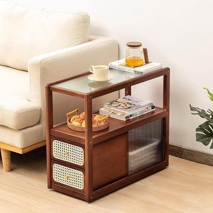 Tiita Rattan Nightstand Side Table, Bamboo Accent Bedside Tables, Glass Coffee by TiitaHome