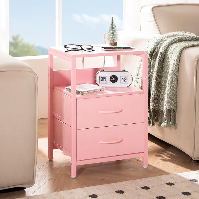 Yoobure Nightstand with Charging Station, Small Night Stand with Fabric Drawers - Image 2