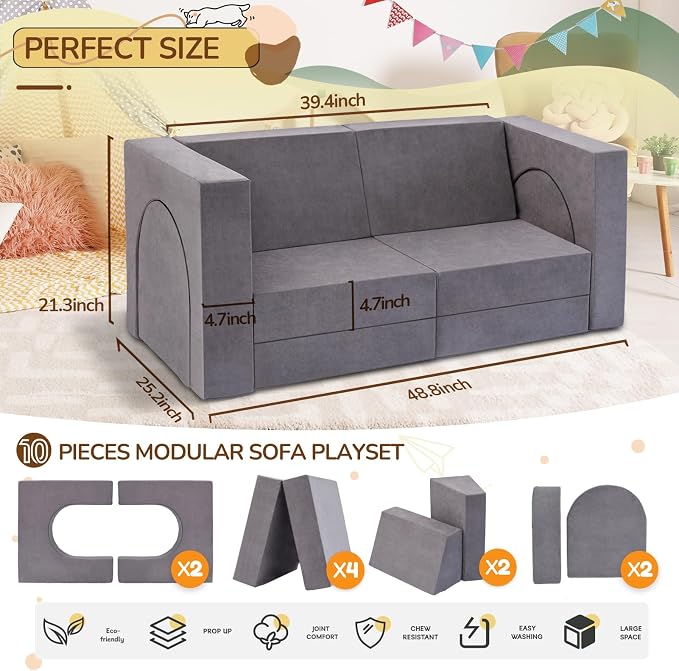 Fvkind 10 Pcs Modular Kids Play Couch, Convertible Sectional Toddler Sofa - Image 2