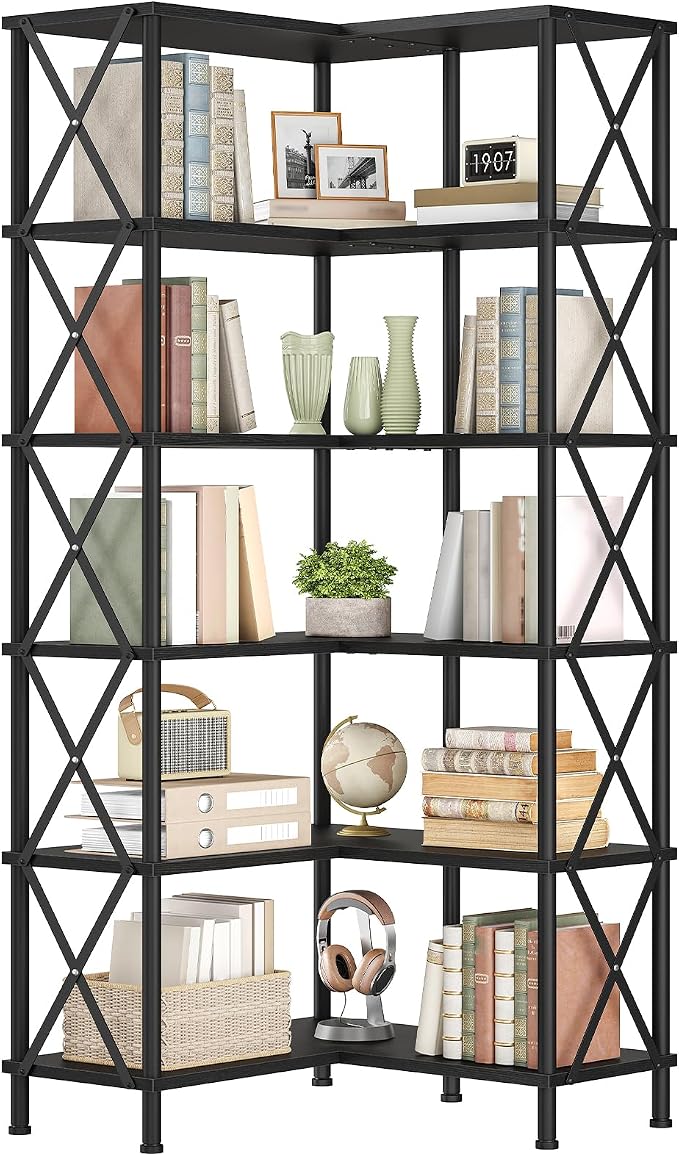 HOOBRO Corner Bookshelf, 6-Tier L-Shaped Bookcase, Industrial Open Display - Image 8
