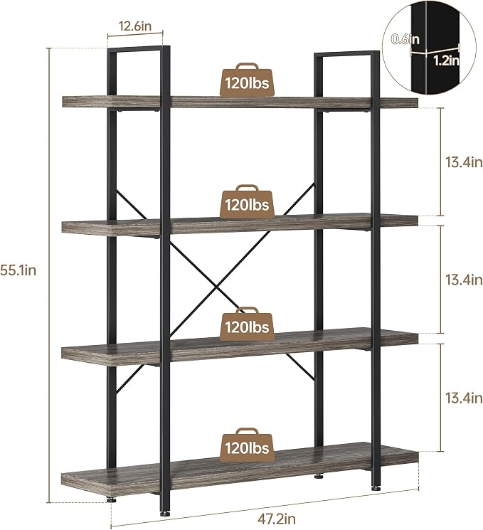 OtterOasis Bookshelf Set of 2, Heavy Duty 4-Tier Industrial Bookcase, 120lbs - Image 2