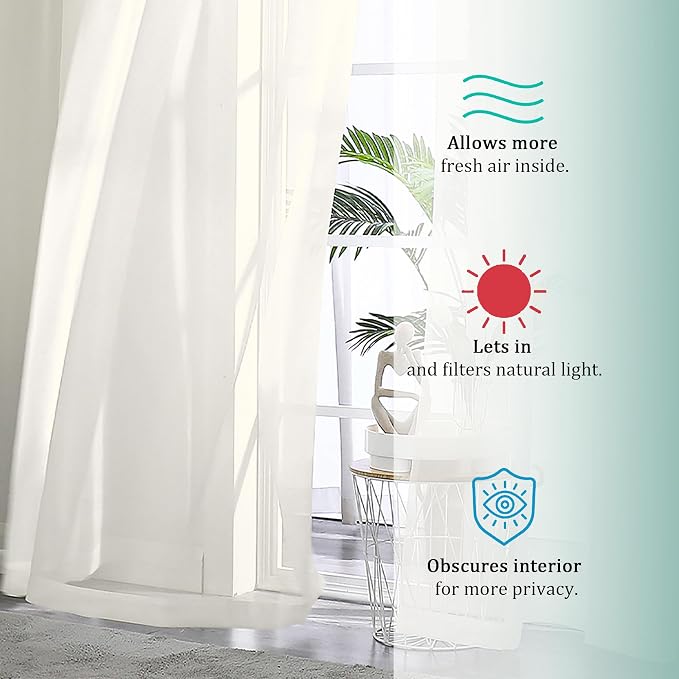 Sheer Ivory Curtains 108" Inch Length 2 Panels Set, Light Filtering Soft Rod - Image 6