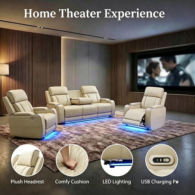 Power Recliner Sofa Set with LED Lights, Includes 2 Manual Recliner 1 Seat and - Image 5