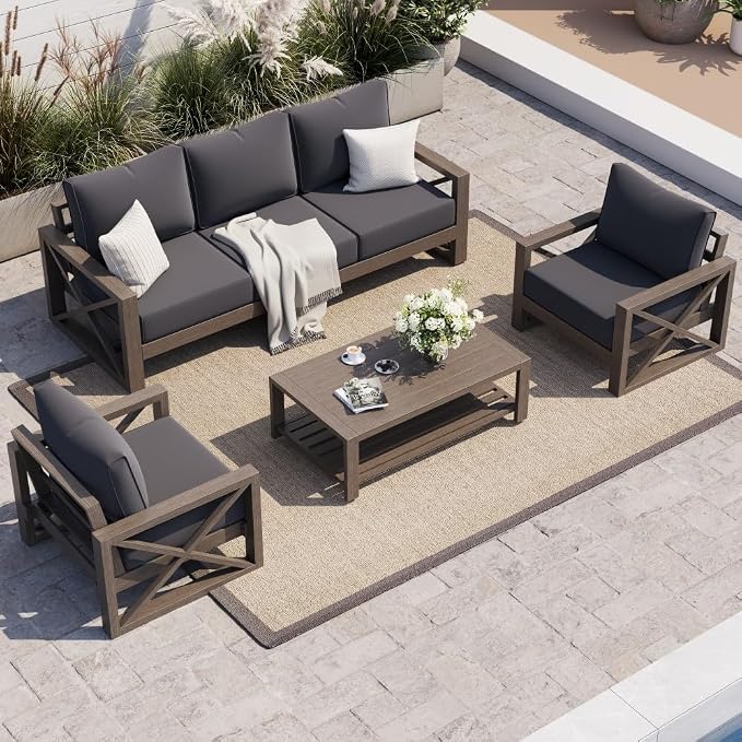 UDPATIO Aluminum Patio Furniture Set, Faux Wood Grain Modern Outdoor Furniture by UDPATIO