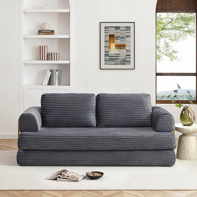 HANXIN 80 Inch Convertible Sleeper Sofa Bed, High Back Plush Corduroy Folding - Image 2