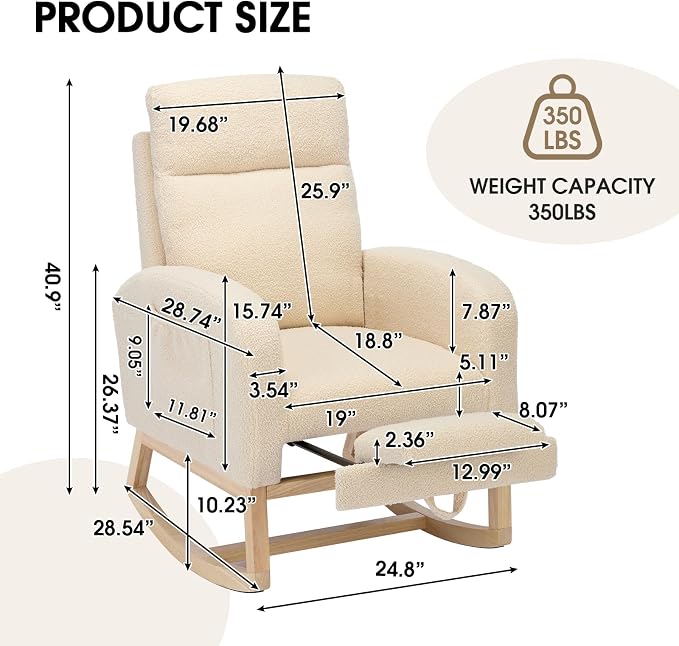 NIOIIKIT Modern Nursery Rocking Chair, Teddy Upholstered Rocking Chair - Image 2
