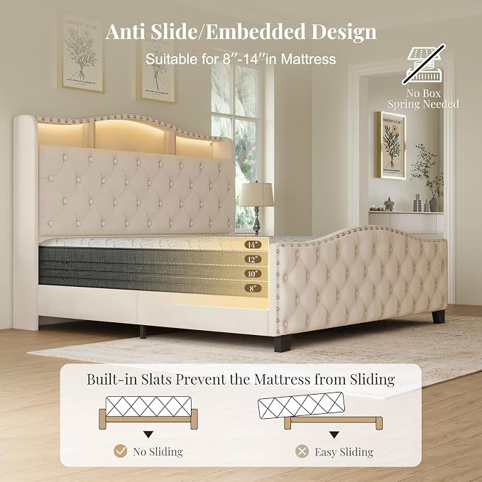 Belffin Queen Size Bed Frame and Headboard, 50.9" Velvet Upholstered Wingback - Image 5