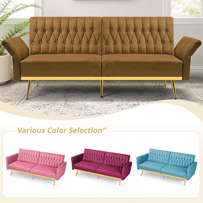 70” Velvet Futon Sofa Bed with 2 Pillows and Adjustable Armrests, Convertible - Image 7