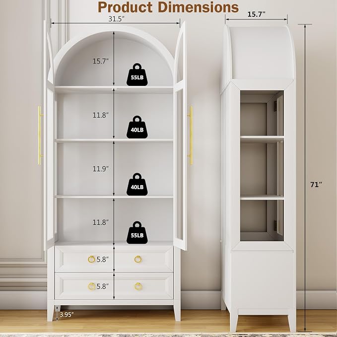 Arched Curio Cabinet with Glass Doors, 4-Tier Display Cabinet with 2 Drawers - Image 2