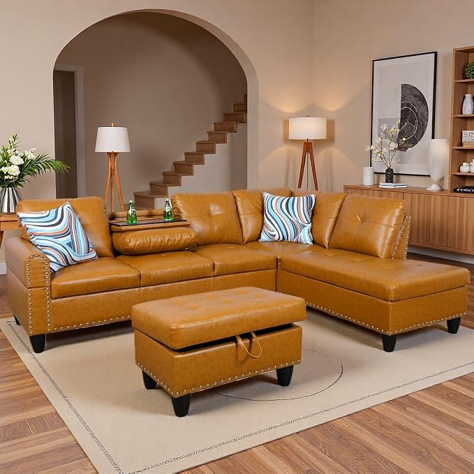 97.5" Yellow Couch L Shaped Couch Set, Modular Sectional Couches - Image 7