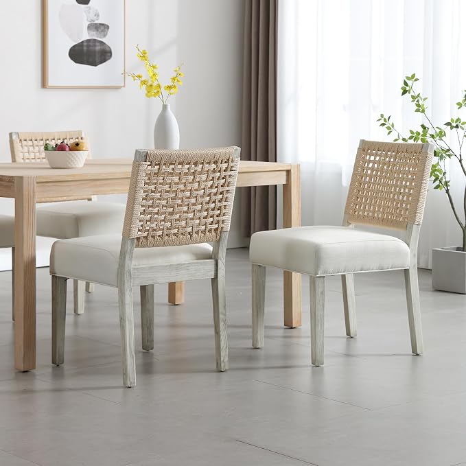 LZAREAL Farmhouse Dining Chairs Set of 2 Linen Fabric Upholstered Accent Side - Image 4