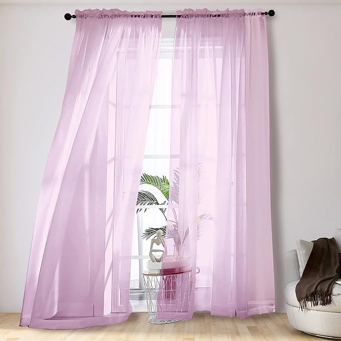 Light Pink Sheer Curtains 108 Inches Long, Light Filtering Semi Transparent by OVZME