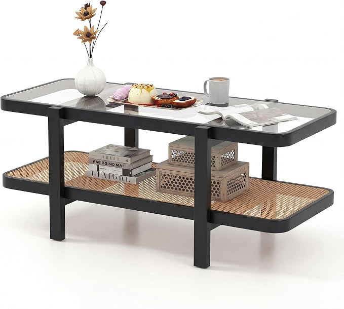Giantex Rattan Coffee Table, 47.5" Rectangle Solid Wood Tea Table w/Tempered - Image 9