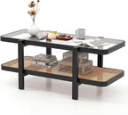 Giantex Rattan Coffee Table, 47.5" Rectangle Solid Wood Tea Table w/Tempered - Image 9