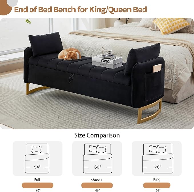 66" End of Bed Storage Bench King Size, Velvet Storage Benches - Image 6