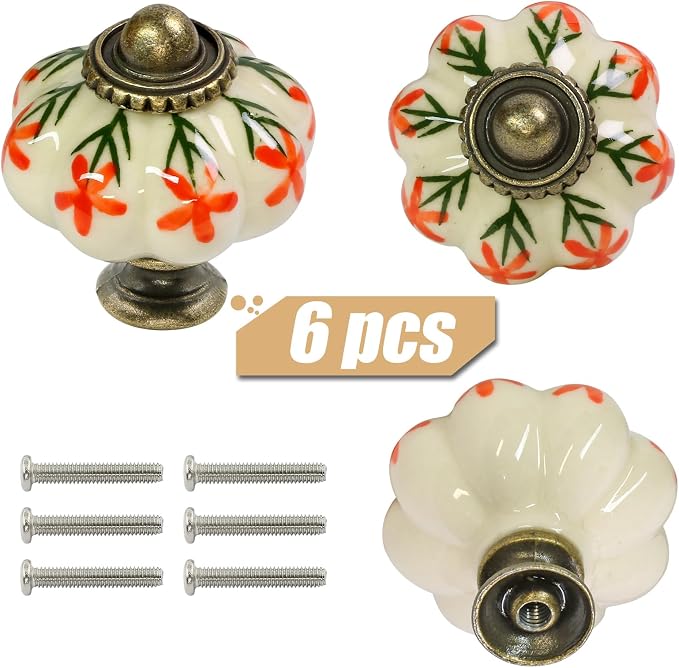 Ivory & Orange Pumpkin Knobs 6 Pack Ceramic Cabinet Knobs Vintage Drawer Pulls - Image 3