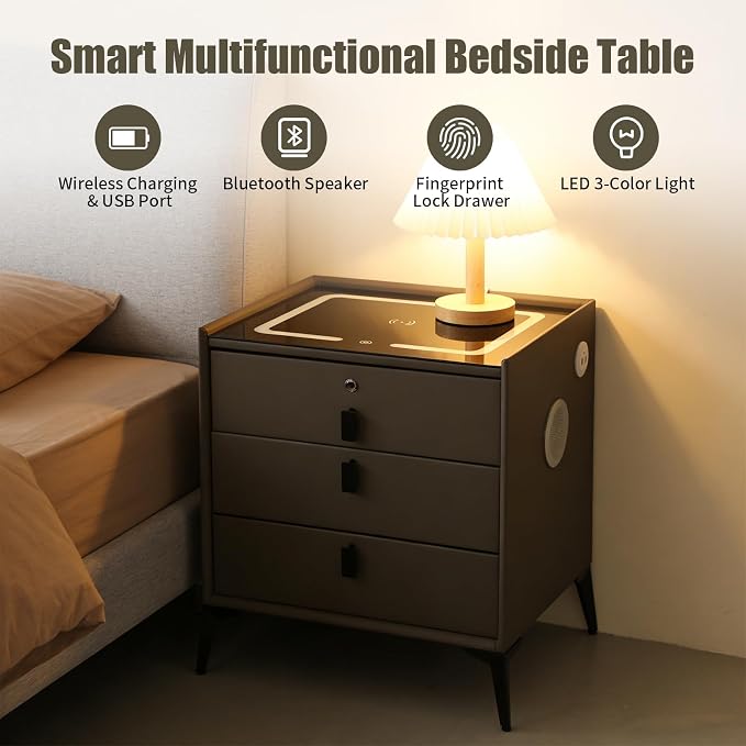 Smart Nightstand with Charging Station, Adjustable LED, USB Ports, Fingerprint - Image 3