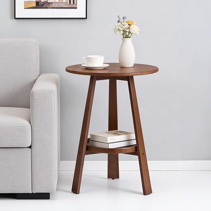 Bamboo Round End Table with Storage Shelf, 2-Tier Mid-Century Modern Accent by VELOHEIM