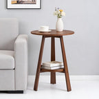 Bamboo Round End Table with Storage Shelf, 2-Tier Mid-Century Modern Accent by VELOHEIM