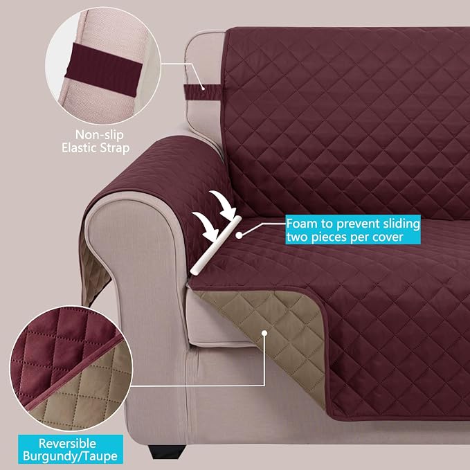 U-NICE HOME 4 Seater Sofa Cover 91''Large Couch Cover, Burgundy/Tan | Washable - Image 3