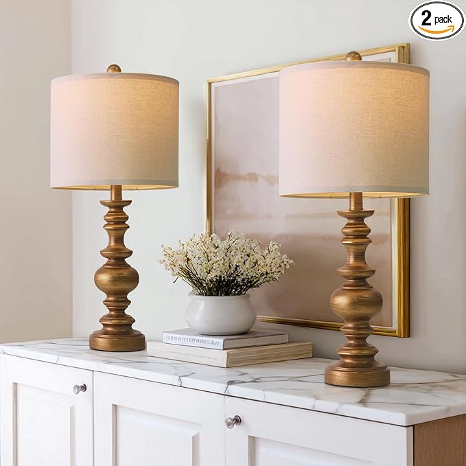 BOBOMOMO 24" Traditional Lamps Set of 2 – Antique Gold Bedside Lamps by BOBOMOMO