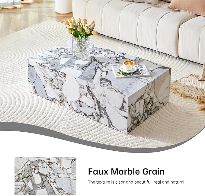 Faux Marble White Coffee Table, Rectangle MDF Living Room Table, Center Table - Image 6