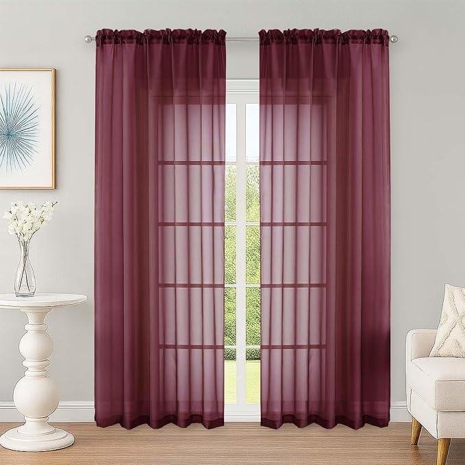 Sheer Curtains 84 Inches Long 2 Panels Set, Burgundy Sheer Curtain by OWENIE