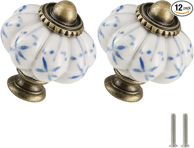 Ivory & Blue Pumpkin Knobs 12 Pack Ceramic Cabinet Knobs Vintage Drawer Pulls by Zernmiarder