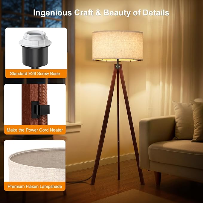 LEPOWER Wood Tripod Floor Lamp, Mid Century Standing Lamp, Modern Design - Image 3