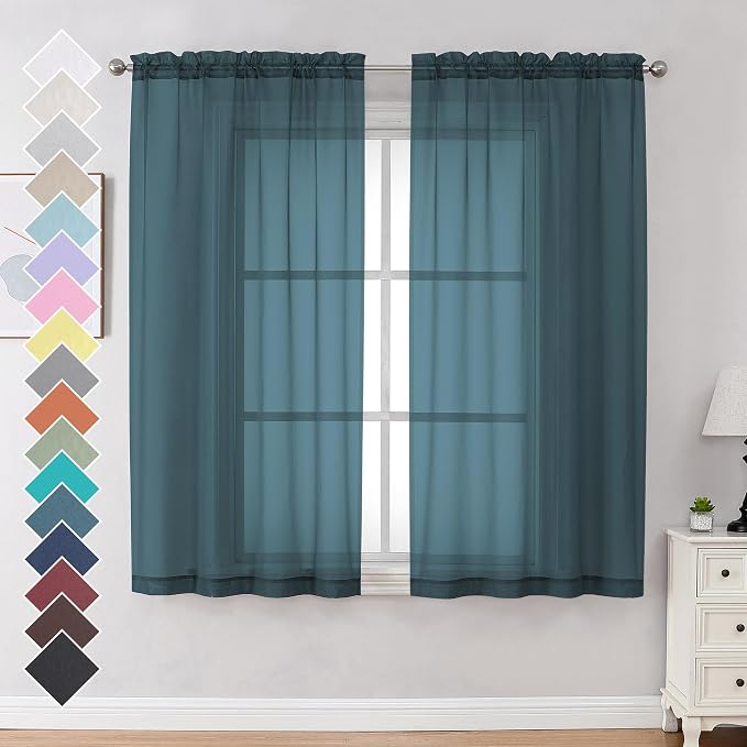 Dusty Blue Sheer Curtains 63 inch Length 2 Panels Set by OVZME