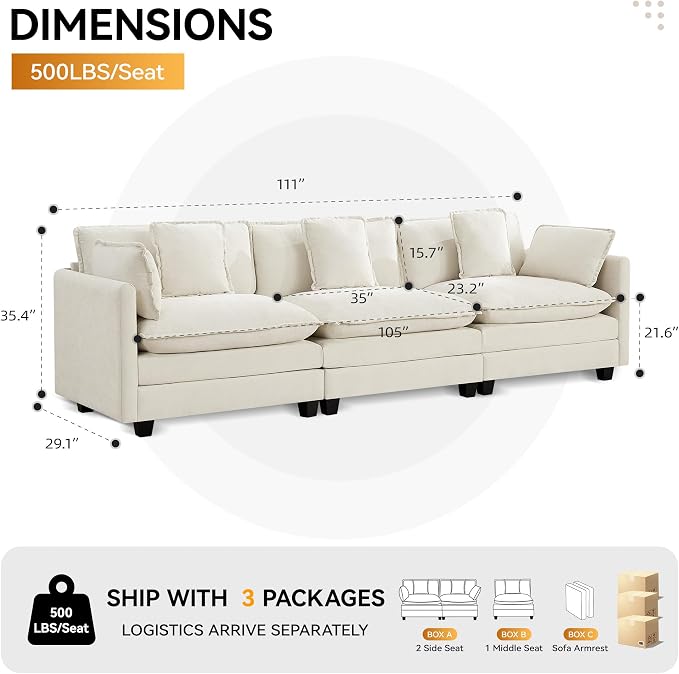 111'' Sectional Cloud Deep Seat Couch, Modern Comfy Chenille Modular Sectional - Image 2