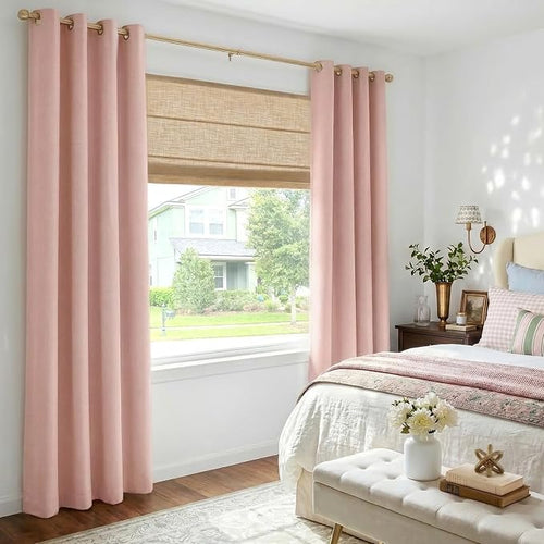 100% Blackout Linen Textured Curtains 63 Inch Long, Blush Pink | 100% Blackout - Image 2