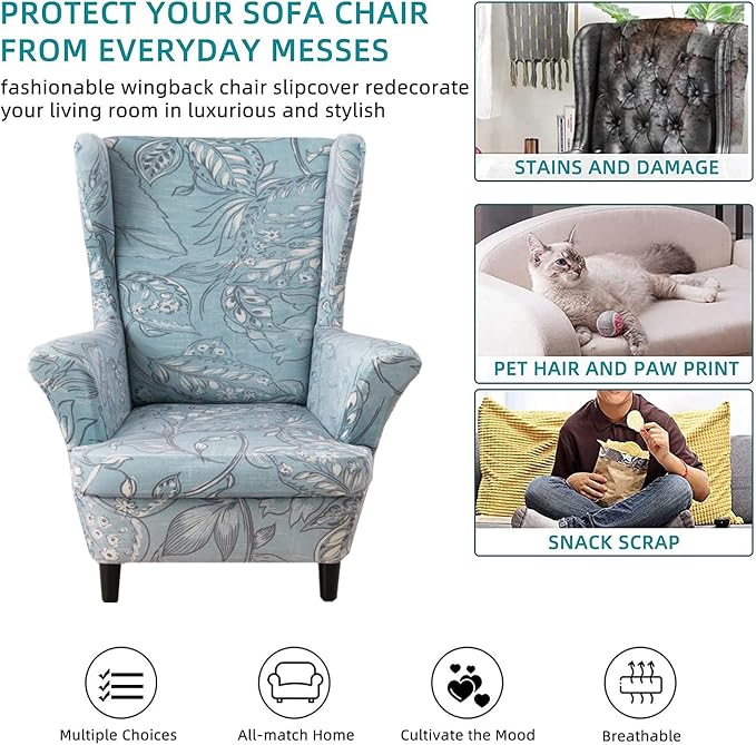 KRFOONN Velvet Wing Chair Slipcovers 2 Piece Stretch Printed Wingback Chair - Image 6