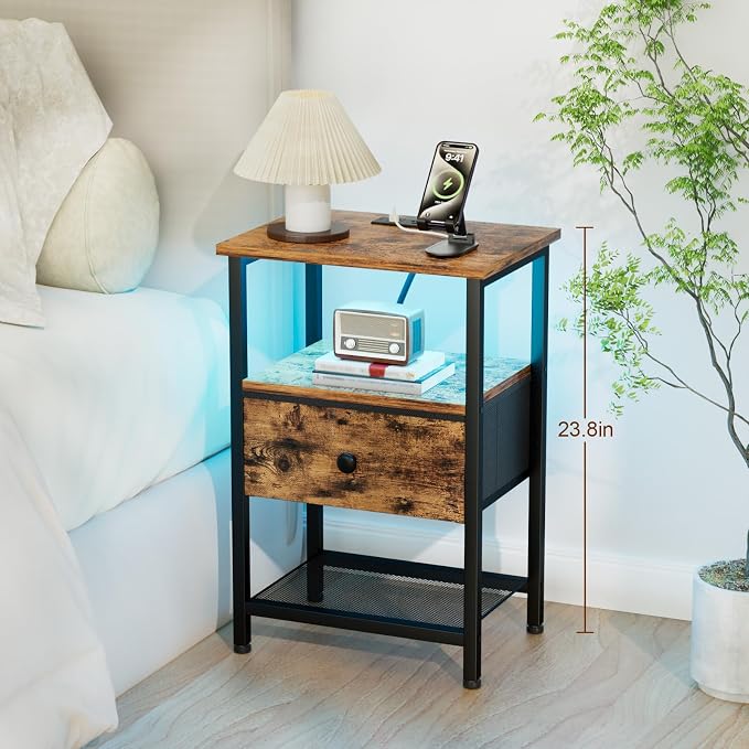 LOAKEKEL Nightstand with Charging Station, End Table with Fabric Drawer - Image 8