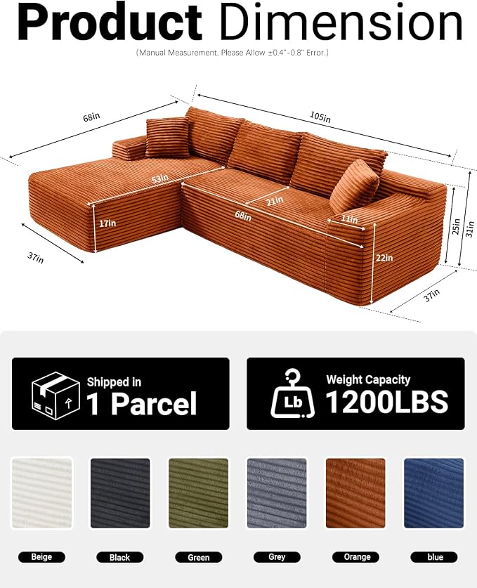 Cloud Sectional Couch, Corduroy Boneless Couches - Image 2