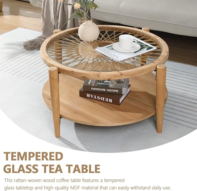 RUSTOWN Rattan Coffee Tables, 2-Tier Round Boho Cocktail Tables, Mid Century - Image 8