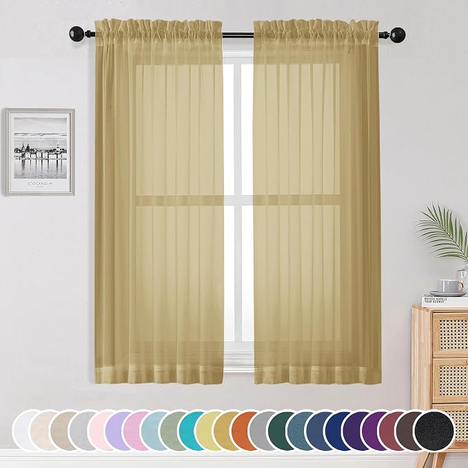 Gold Sheer Curtains, 63 Inch Length 2 Panels Set, Soft Voile Drapes by OWENIE